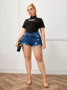 SHEIN Privé Plus Solid Rib Knit Cut Out Tee - Black - View 4