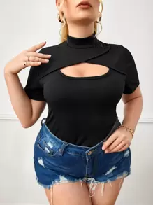 SHEIN Privé Plus Solid Rib Knit Cut Out Tee - Black - View 5