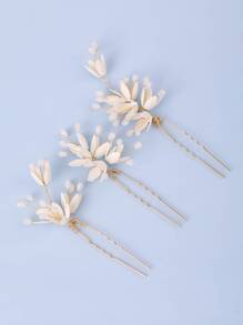 3pcs Flower Decor Bridal Hair Pin - Gold - View 1