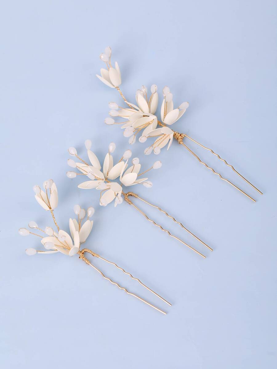 3pcs Flower Decor Bridal Hair Pin - Gold - View 1