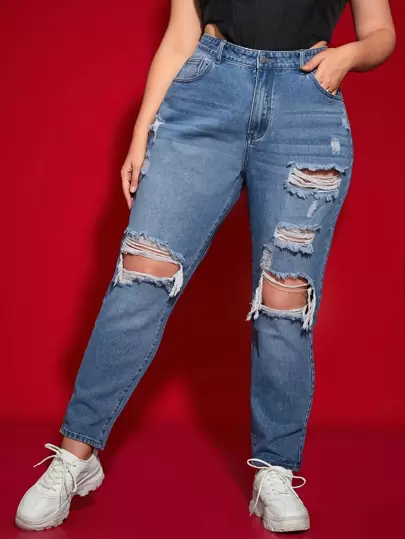 SHEIN ICON 大碼高腰破洞鏤空媽媽牛仔褲