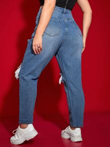 SHEIN ICON Quần Denim kích thước lớn Bị tách màu trơn - Rửa trung bình - Xem 2