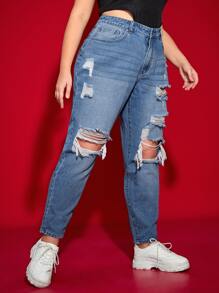 SHEIN ICON Quần Denim kích thước lớn Bị tách màu trơn - Rửa trung bình - Xem 3