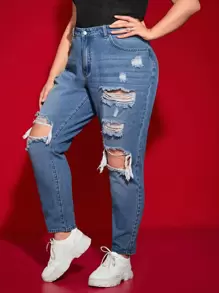 SHEIN ICON Quần Denim kích thước lớn Bị tách màu trơn - Rửa trung bình - Xem 5