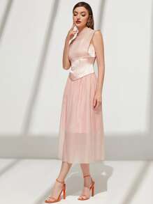 Modelyn 網紗拼接後鎖孔連衣裙 - 淺粉色 - 查看 4