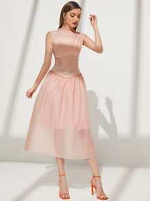 Modelyn 網紗拼接後鎖孔連衣裙 - 淺粉色 - 查看 5