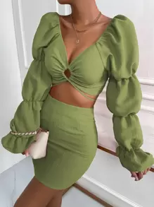 Chiquease Cut Out Gathered Sleeve Flounce Cuff Crop Top & Bodycon Skirt - Olive Green - View 1