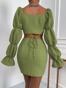 Chiquease Cut Out Gathered Sleeve Flounce Cuff Crop Top & Bodycon Skirt - Olive Green - View 2