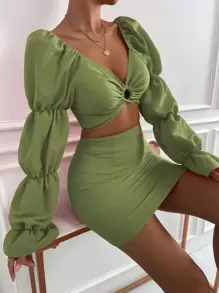 Chiquease Cut Out Gathered Sleeve Flounce Cuff Crop Top & Bodycon Skirt - Olive Green - View 3