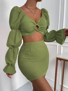 Chiquease Cut Out Gathered Sleeve Flounce Cuff Crop Top & Bodycon Skirt - Olive Green - View 5