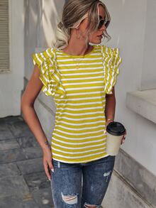 SHEIN LUNE Camiseta de rayas de manga mariposa - Multicolor - Ver 3