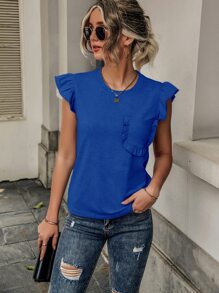 SHEIN LUNE Ruffle Trim Pocket Patched Tee - Blue - View 1