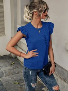 SHEIN LUNE Ruffle Trim Pocket Patched Tee - Blue - View 4
