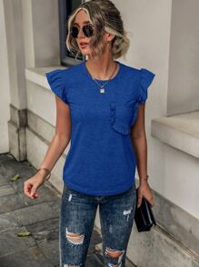 SHEIN LUNE Ruffle Trim Pocket Patched Tee - Blue - View 6