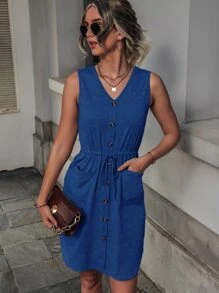 SHEIN Unity Đầm Dây kéo Túi Nút giả màu trơn Giải trí - Màu xanh lam - Xem 1