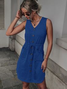 SHEIN Unity Đầm Dây kéo Túi Nút giả màu trơn Giải trí - Màu xanh lam - Xem 5