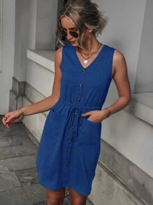 SHEIN Unity Đầm Dây kéo Túi Nút giả màu trơn Giải trí - Màu xanh lam - Xem 6