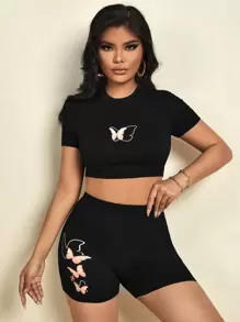 SHEIN SXY 蝴蝶圖案九分上衣和機車短褲 - 黑色 - 查看 5