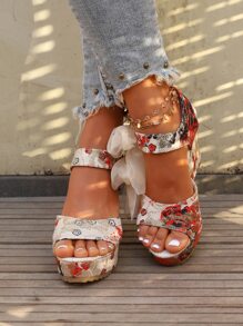 Fahionable  Bow Decor Floral Pattern Bow Decor Ankle Strap Wedge Sandals,Sandals For Women,Flat Sandals For Women Comfortable Open Toe Summer Sandals Adjustable Fashion Dress Sandals - Nhiều màu - Xem 3