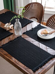 1 PC Đồng Màu Khoét Hở Placemat, Hình Chữ Nhật Phong Cách Mỹ Với Tua Rua Trang Trí, Trang Trí Bàn Ăn, Giáng Sinh Xanh, Cho Tất Cả Các Mùa - màu đen - Xem 1