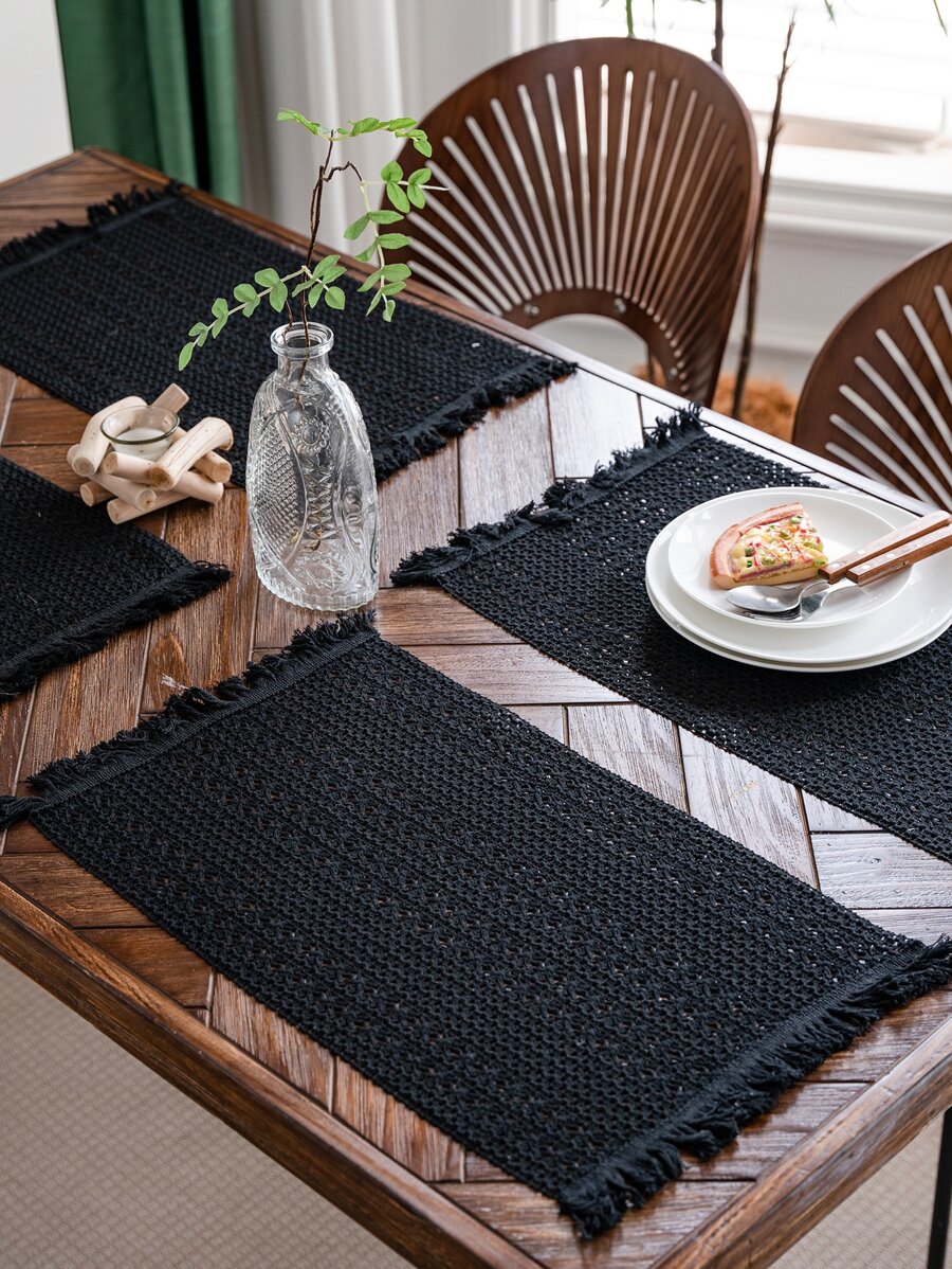 1 PC Đồng Màu Khoét Hở Placemat, Hình Chữ Nhật Phong Cách Mỹ Với Tua Rua Trang Trí, Trang Trí Bàn Ăn, Giáng Sinh Xanh, Cho Tất Cả Các Mùa - màu đen - Xem 1