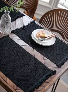 1 PC Đồng Màu Khoét Hở Placemat, Hình Chữ Nhật Phong Cách Mỹ Với Tua Rua Trang Trí, Trang Trí Bàn Ăn, Giáng Sinh Xanh, Cho Tất Cả Các Mùa - màu đen - Xem 2