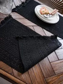 1 PC Đồng Màu Khoét Hở Placemat, Hình Chữ Nhật Phong Cách Mỹ Với Tua Rua Trang Trí, Trang Trí Bàn Ăn, Giáng Sinh Xanh, Cho Tất Cả Các Mùa - màu đen - Xem 3