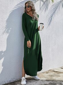SHEIN LUNE Vestido estilo camiseta unicolor bajo con abertura - Verde Oscuro - Ver 1