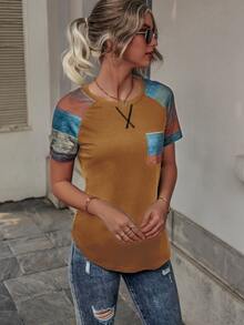 SHEIN LUNE 撞色插肩袖補丁貼口袋T恤 - 卡其色 - 查看 3
