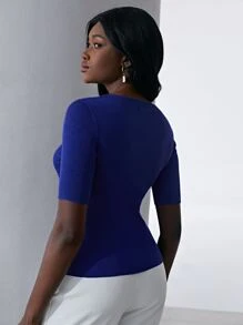 MOTF PREMIUM 100% SILK RIBBED KNIT TOP - Blue - View 3