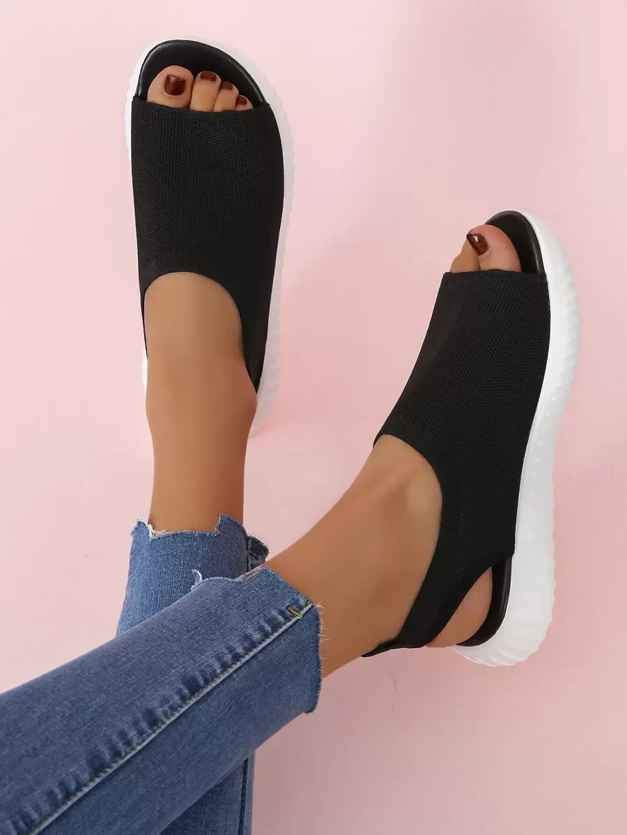 Knit Detail Slingback Sport Sandals - Black - View 1