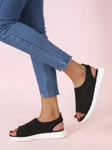 Knit Detail Slingback Sport Sandals - Black - View 4