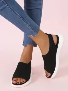 Knit Detail Slingback Sport Sandals - Black - View 5