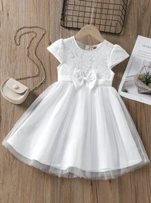 Young Girls Contrast Lace Bow Front Mesh Hem Party Dress - White - View 1