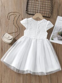 Young Girls Contrast Lace Bow Front Mesh Hem Party Dress - White - View 2
