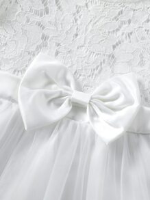 Young Girls Contrast Lace Bow Front Mesh Hem Party Dress - White - View 3