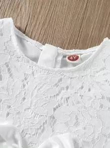 Young Girls Contrast Lace Bow Front Mesh Hem Party Dress - White - View 5