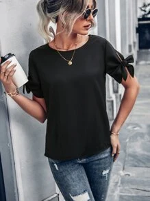 SHEIN Unity Blusa con abertura de puño con nudo - Negro - Ver 1