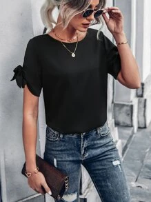 SHEIN Unity Blusa con abertura de puño con nudo - Negro - Ver 3