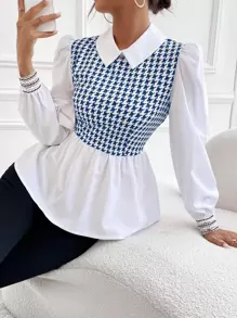 Modelyn Houndstooth Print Puff Sleeve Peplum 2 In 1 Blouse - Blue and White - View 1