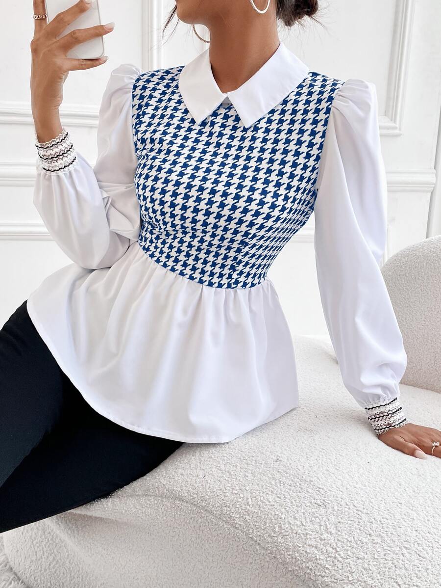 Modelyn Houndstooth Print Puff Sleeve Peplum 2 In 1 Blouse - Blue and White - View 1