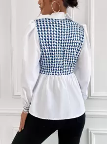 Modelyn Houndstooth Print Puff Sleeve Peplum 2 In 1 Blouse - Blue and White - View 2