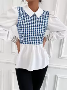 Modelyn Houndstooth Print Puff Sleeve Peplum 2 In 1 Blouse - Blue and White - View 5