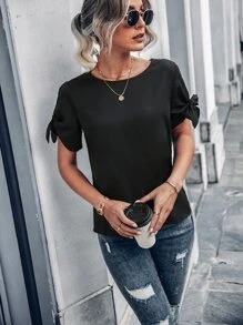 SHEIN Unity Blusa con abertura de puño con nudo - Negro - Ver 4