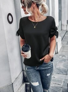 SHEIN Unity Blusa con abertura de puño con nudo - Negro - Ver 5