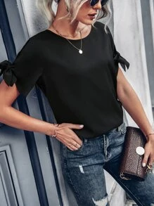 SHEIN Unity Blusa con abertura de puño con nudo - Negro - Ver 6