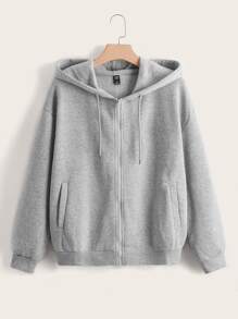 SHEIN EZwear 加大码拉链抽绳保暖内衬卫衣 - 淺灰色 - 查看 1