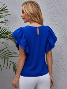 SHEIN Clasi Blusa Con Mangas De Mariposa Y Color Sólido - azul real - Ver 3