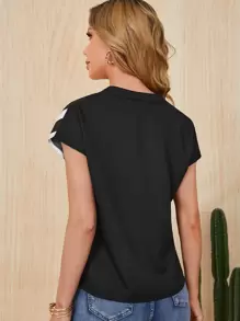 SHEIN Clasi Colourblock Notched Batwing Sleeve Blouse - Black - View 2