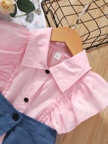 SHEIN 小女童撞色荷葉邊前紐扣連衣裙 - 彩色 - 查看 3